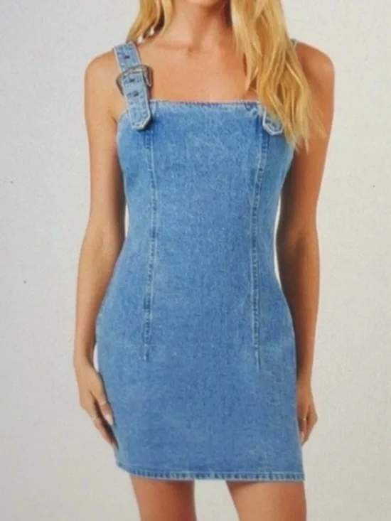 Forever 21 Denim Mini Dress Y2K Western Cowgirl Buckle Strap Festival Size M - Picture 1 of 6